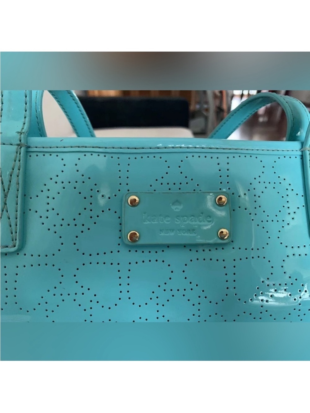 Kate Spade New York Perforated Patent Leather Aqua Tote Bag & Wallet Set - Picture 7 of 15